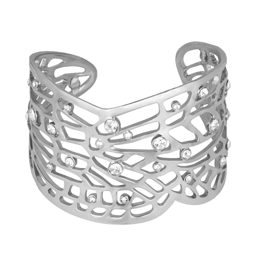 Filigree and Crystal Stone Pave Statement Flexible Cuff Bracelet
