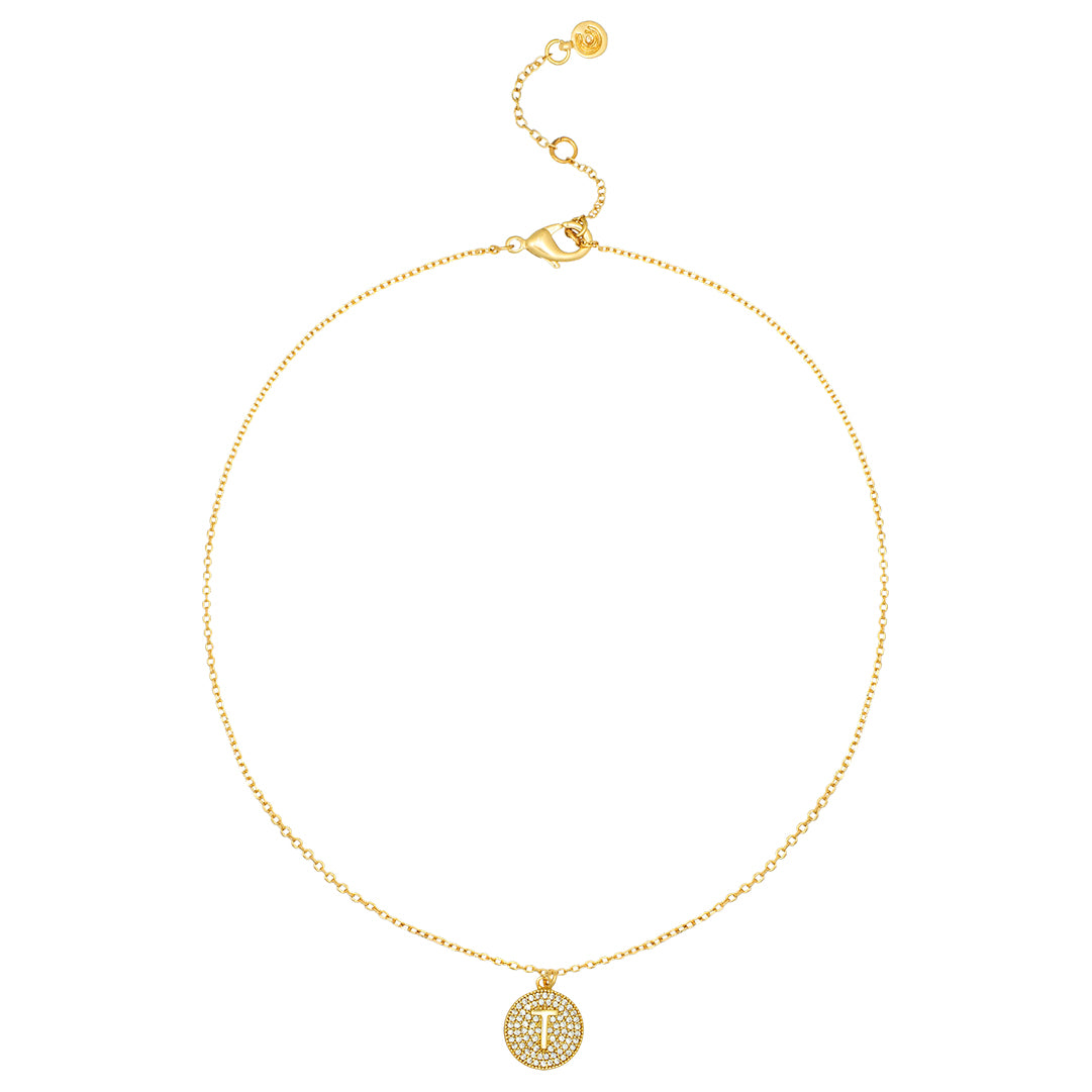 Round Pave Disc Initial Necklace