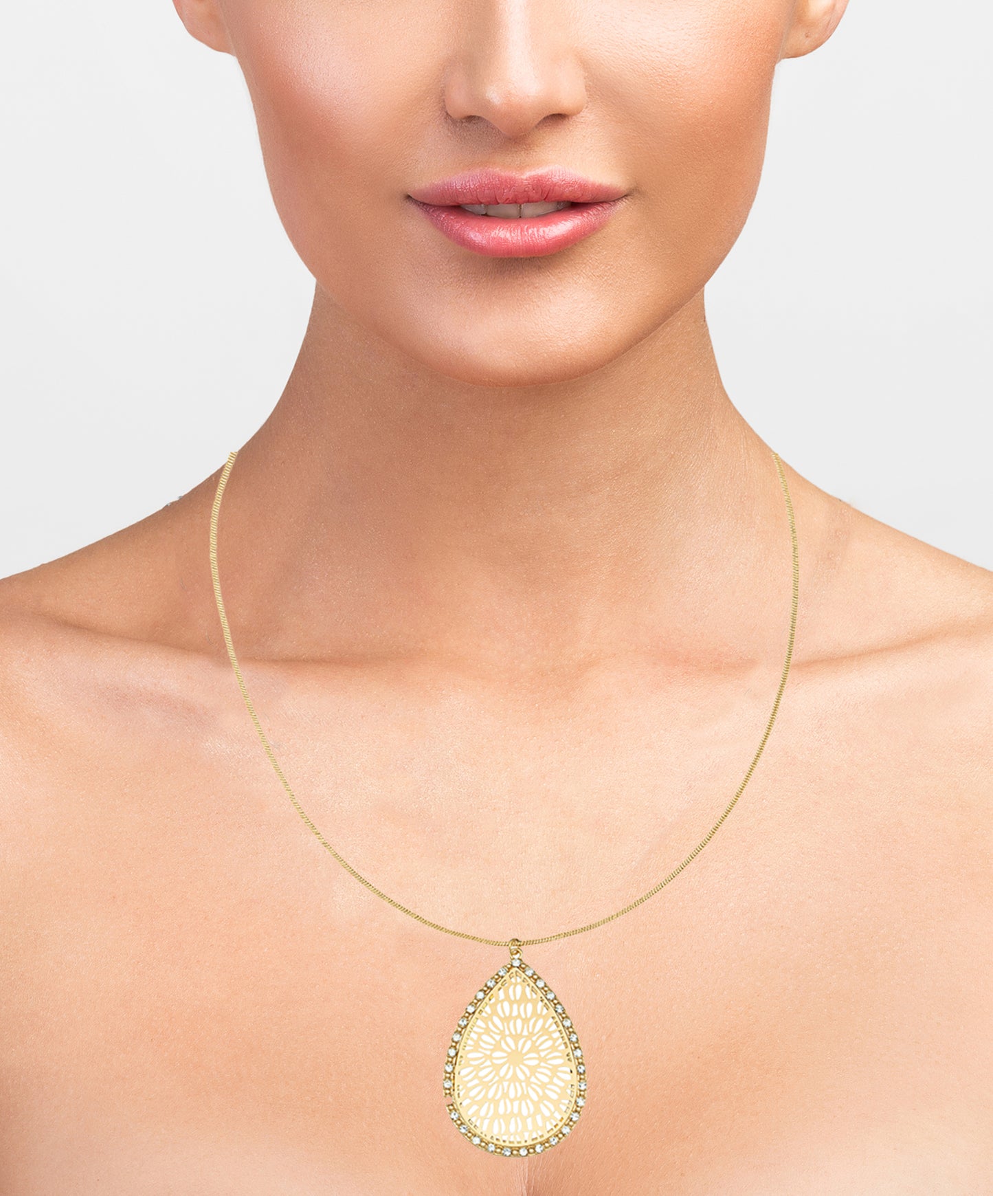 Teardrop Shape Filigree and Crystal Pendant Necklace