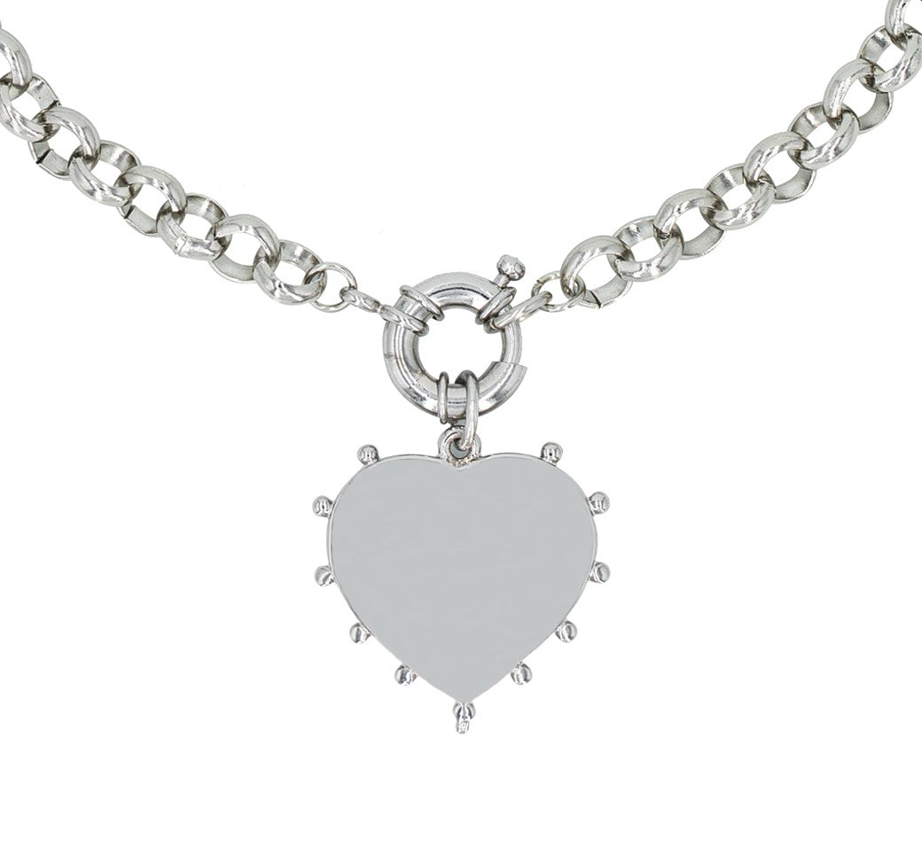 Silver Studded Metal Heart Charm Drop Necklace