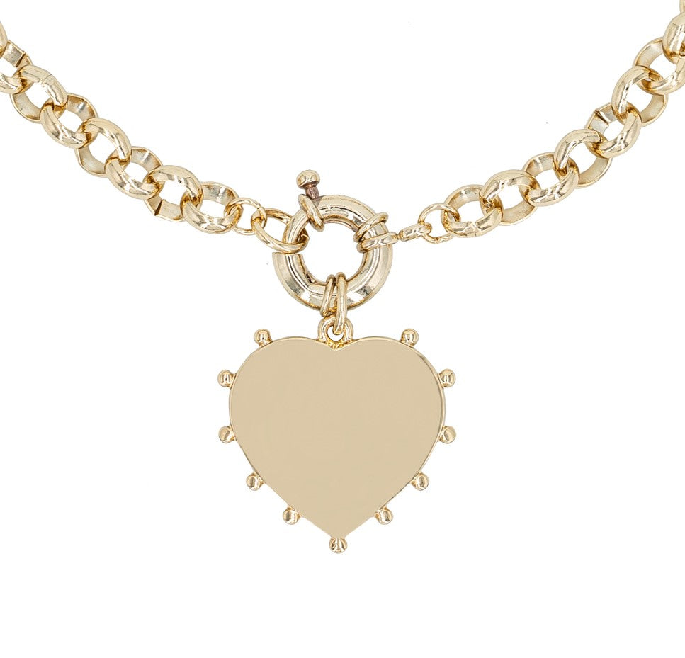 Gold Studded Metal Heart Charm Drop Necklace