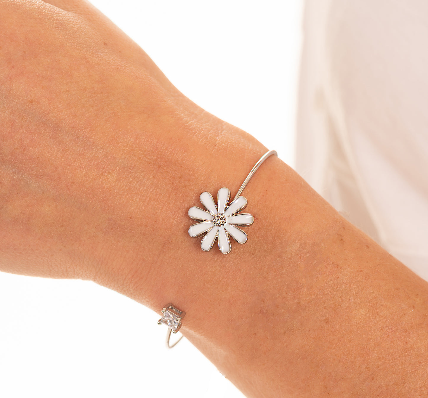 Enamel Daisy and Crystal Cuff Bracelet