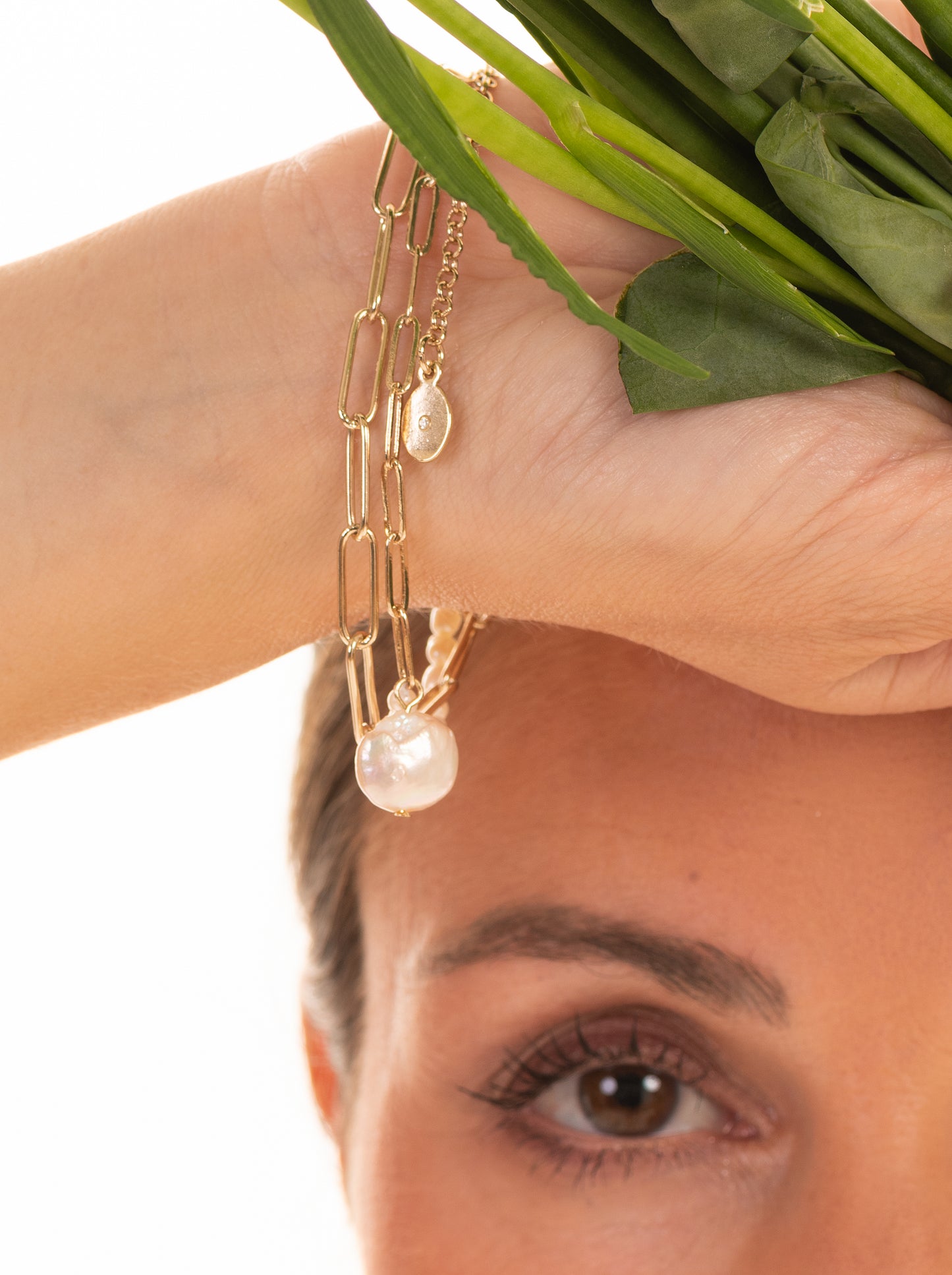 Gold Paperclip Chain and Irregular Pearl Bracelet