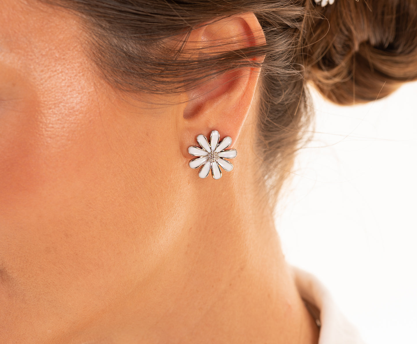 White Enamel Flower Stud Earring