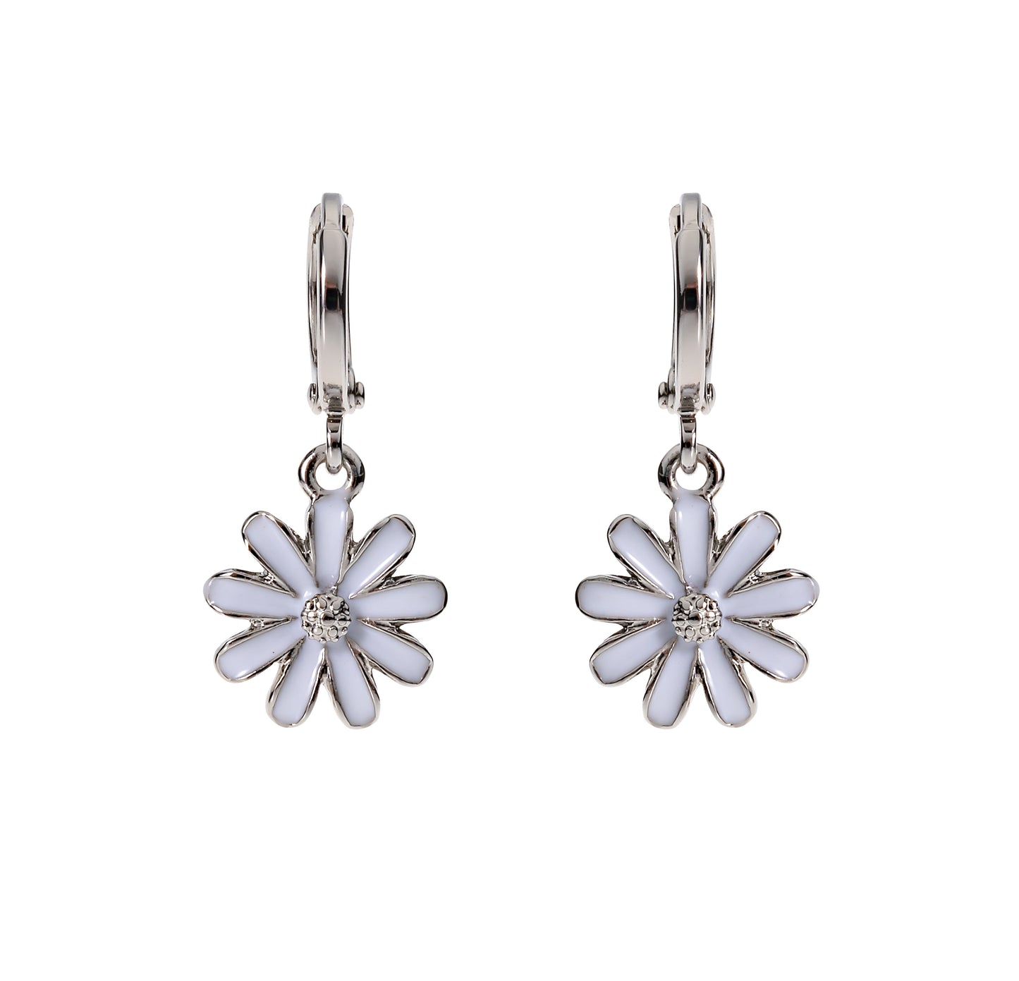 White Enamel Flower Huggie Hoop Drop Earring