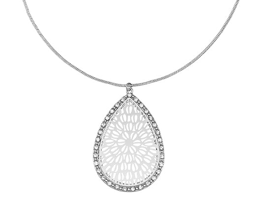 Teardrop Shape Filigree and Crystal Pendant Necklace