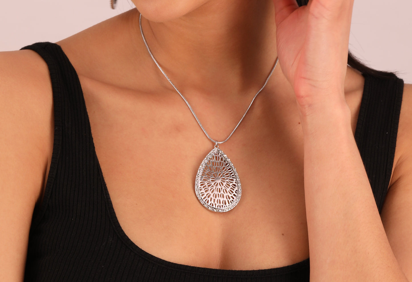 Teardrop Shape Filigree and Crystal Pendant Necklace