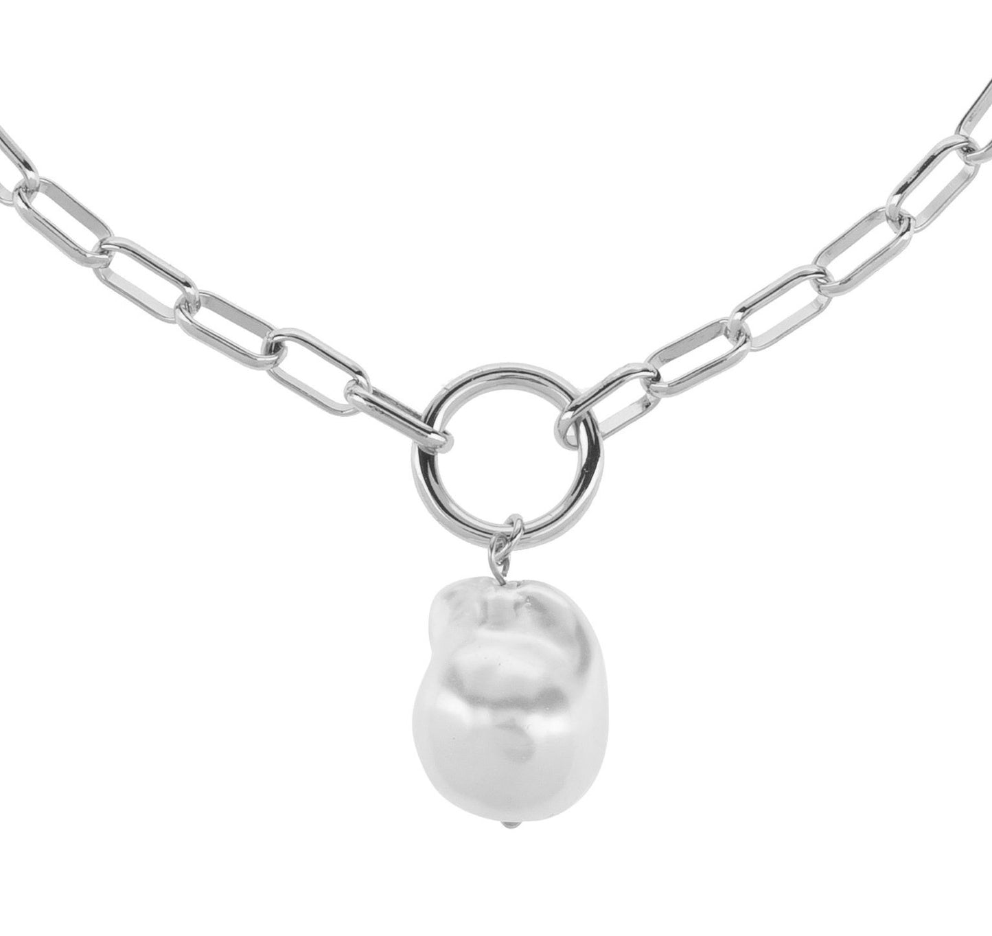 Silver Pearl Drop Paperclip Chain Necklace