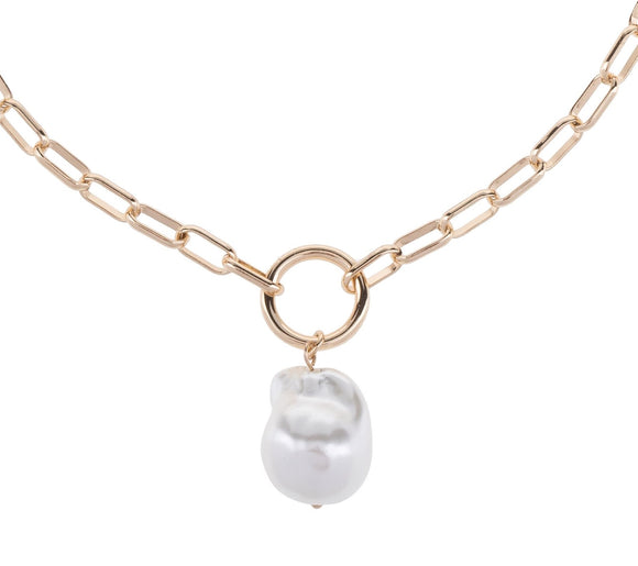 Gold Pearl Drop Paperclip Chain Necklace