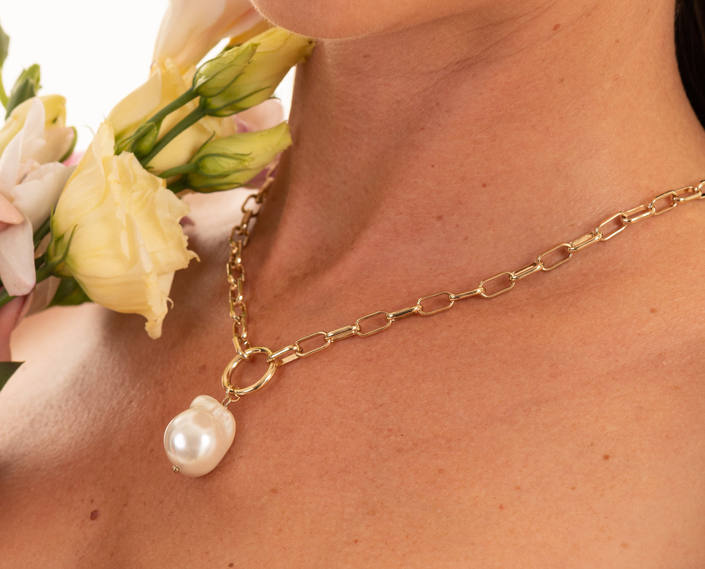 Gold Pearl Drop Paperclip Chain Necklace