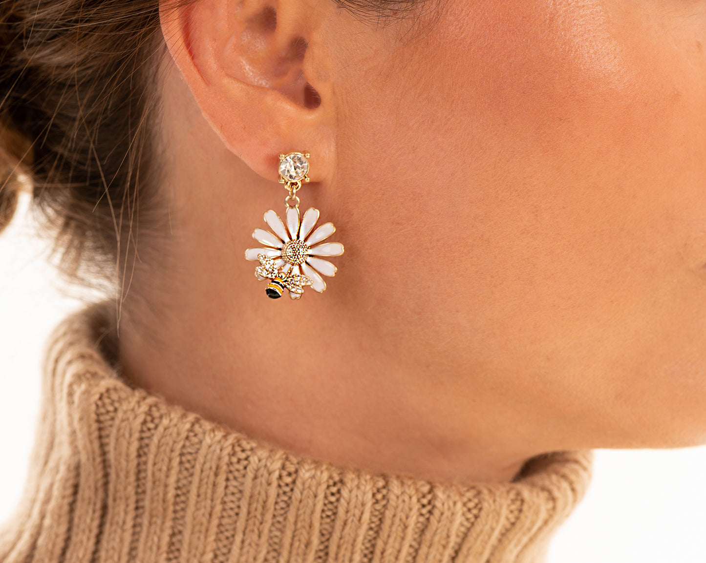 Enamel Daisy and Bee Drop Earring